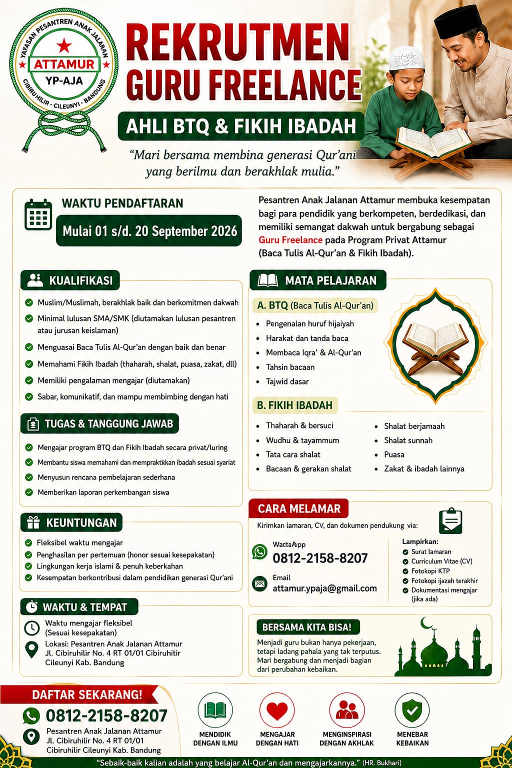 Poster rekrutmen guru freelance Pesantren Anak Jalanan At-Tamur